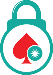 Security lock icon with red spade card suit and star inside circular turquoise frame symbolizing online protection and gaming vector