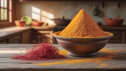 Vibrant Turmeric Powder and Red Chili Threads in Kitchen