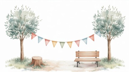 Watercolor park illustration with trees, bench, stump, and bunting.