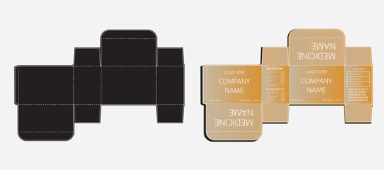 Medicine Product Packaging Box Template. Gold and Beige Pharma Carton Design with Die Cut Layout and Mockup Panels.