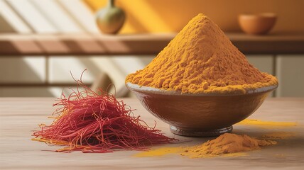 Vibrant Turmeric Powder and Saffron Threads on Wooden Surface