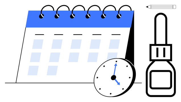 Calendar, clock showing time, medical bottle, and pencil symbolizing scheduling, deadlines, healthcare, and productivity. Ideal for time management, planning healthcare organization reminders - Powered by Adobe
