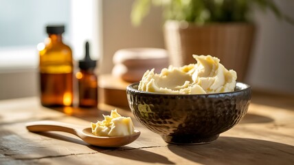 Whipped Shea Butter in Bowl with Dropper Bottles