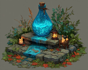 Enchanting blue elixir flows from a mystical bottle onto a rustic stone altar surrounded by autumn leaves and glowing candles