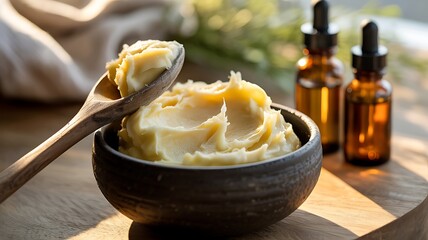 Whipped Shea Butter in Bowl with Dropper Bottles