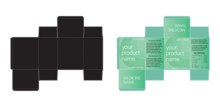 Modern Green Medicine Box Packaging Design. Pharmaceutical Product Carton Template with Label Information and Nutrition Panel.