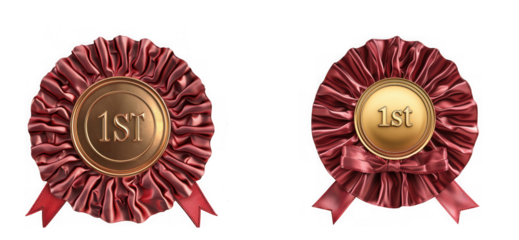 Two red 1st place award rosettes with gold centers, symbolizing achievement and victory, isolated on transparent background