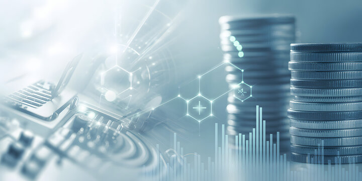 Futuristic digital stock market chart illustrates business data and technology with a blue binary code pattern background and connected network line design - Powered by Adobe