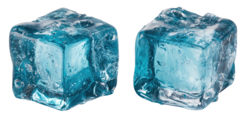 Two transparent, crystalline blue ice cubes shown close together