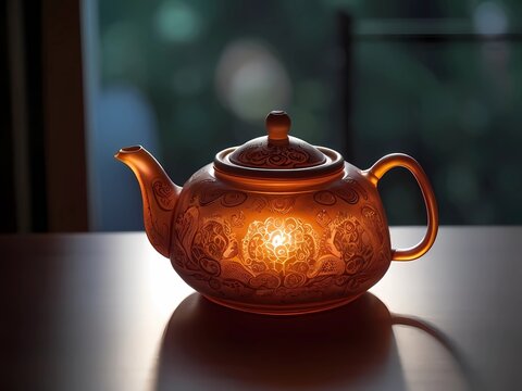 Ornate teapot glowing with warm light on a table