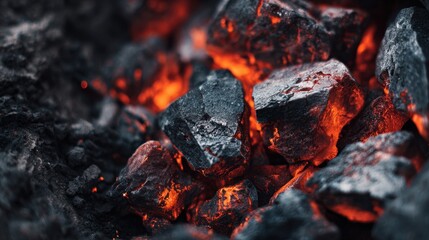 Freshly burned charcoal glows with bright orange embers showcasing the heat and energy that remains after a lively fire. The dark pieces contrast beautifully with the bright sparks.