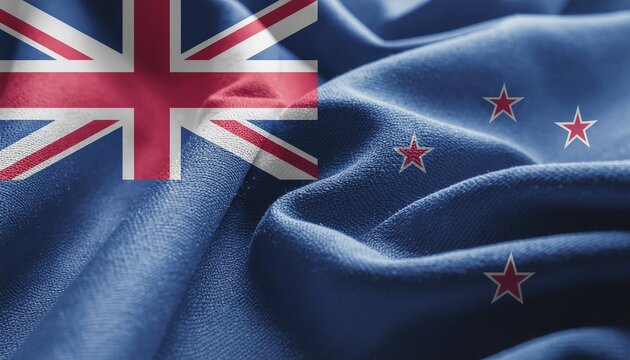 Waving New Zealand Flag - A Close-Up View of the Patriotic Fabric Underneath the Union Jack