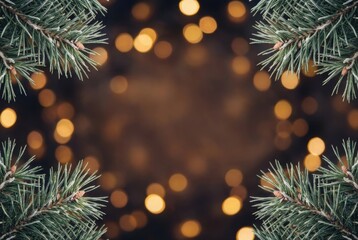 Pine branches frame a blurred background with warm, glowing bokeh lights. The scene evokes a festive atmosphere, perfect for holiday themes.