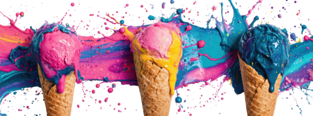 Three colorful ice cream cones in a chaotic paint splatter