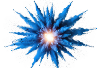 Vibrant blue powder explosion burst from center with glowing light energy isolated on transparent background