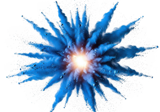 Vibrant blue powder explosion burst from center with glowing light energy isolated on transparent background