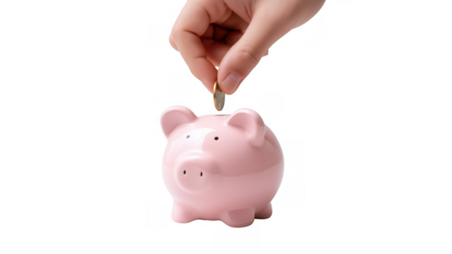 Savings grow as a hand adds a coin to the piggy bank, AI, PNG