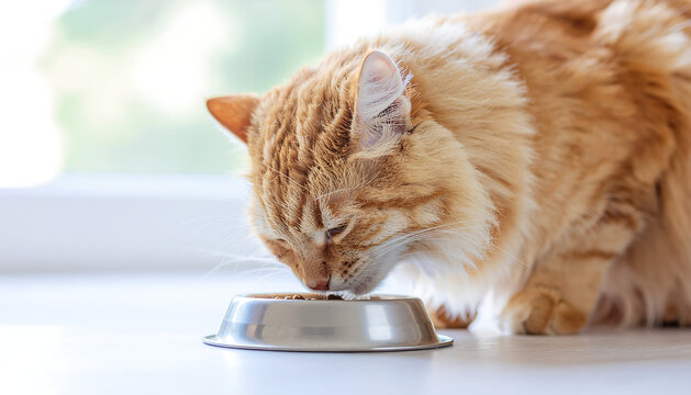 An orange cat is eating its food. - Powered by Adobe