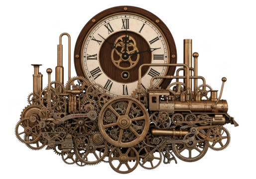 Steampunk Time Machine with Gears and Clockwork on Black Background - Powered by Adobe