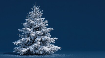 A majestic evergreen tree is covered in fresh snow standing alone against a rich blue backdrop. This scene captures the beauty of winter evoking feelings of peace and tranquility.