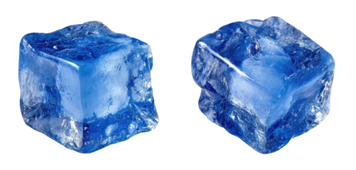 Two blue ice cubes with irregular, crystalline textures