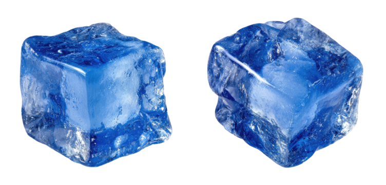 Two blue ice cubes with irregular, crystalline textures