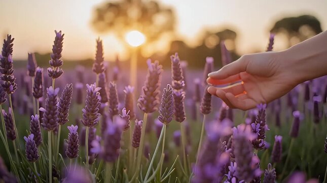 Lavender Field at Sunset: A hand tenderly touches the soft, fragrant lavender blossoms in a field at sunset, as the sun dips below the horizon, painting the sky with warm hues.