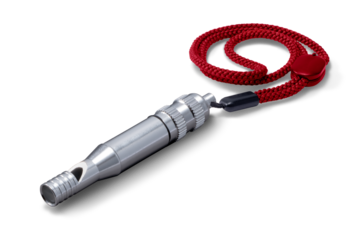 赤いストラップの付いた金属製のホイッスル