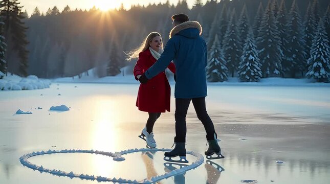 Love on the Frozen Canvas: A couple, hand in hand, glides gracefully across a frozen lake, the heart etched in ice symbolizing their love story.