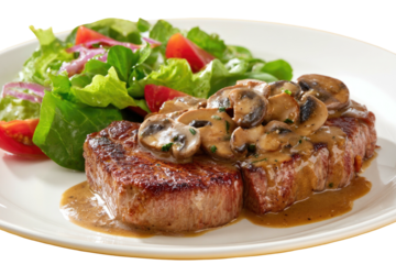 Grilled sirloin steak with creamy mushroom sauce and side salad