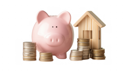 Savings grow with a piggy bank filled with coins, AI, PNG