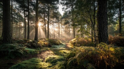 Obraz premium Morning light breaks through the tall trees illuminating a tranquil forest scene filled with lush greenery and soft ferns. The soft mist enhances the peaceful atmosphere.