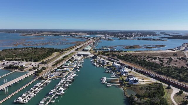 Drone shot of Beaufort NC and water surrounding the area