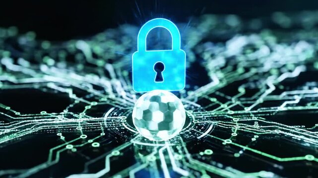 Glowing blue padlock floats above a digital globe, bright interconnected data threads. across links