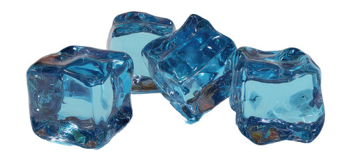 Four translucent blue cubes of ice with rounded edges on a black background