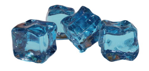 Four translucent blue cubes of ice with rounded edges on a black background