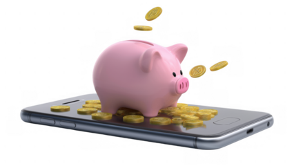 Piggy bank on smartphone with coins, AI, PNG