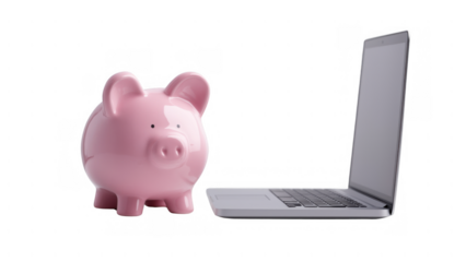 Savings methods with a piggy bank near a laptop, AI, PNG