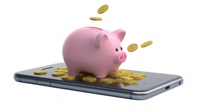 Piggy bank on smartphone with coins, AI, PNG