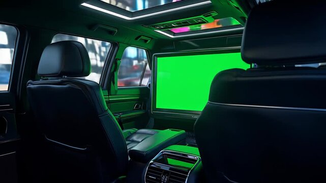 Luxury car interior with large green screen display for customization
