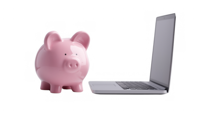 Savings methods with a piggy bank near a laptop, AI, PNG