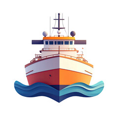 Low-poly orange boat on stylized blue waves, front view