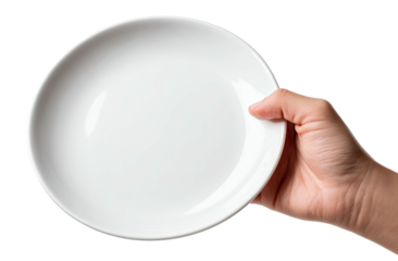 Hand holding a clean, white ceramic dish against a black background