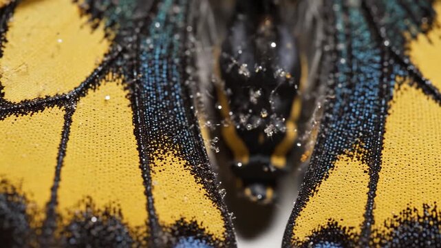 Close-up of a vibrant butterfly wing showcasing intricate patterns and textures