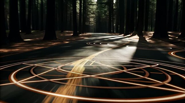 Mysterious Forest Path: A mystical scene unfolds as sunlight pierces through a dense forest, illuminating a mesmerizing pentagram drawn on a winding path, conjuring intrigue.