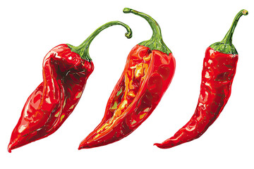 Vivid red chili peppers, whole and sliced, on black