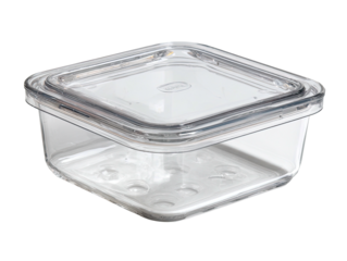 Clear square plastic food storage container with lid, showing embossed circles