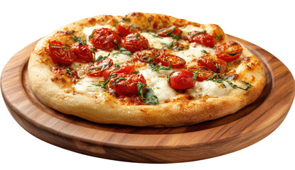Rustic pizza on wooden board, topped with fresh tomatoes, cheese