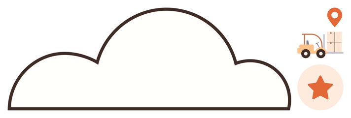 Cloud outline with forklift carrying boxes, location pin, and star icon. Ideal for logistics, data storage, navigation, supply chain, inventory management, cloud computing simple flat metaphor