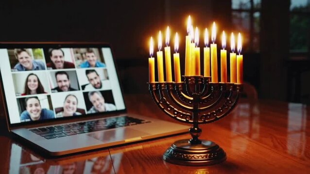 Menorah placed beside laptop during virtual family gathering.
